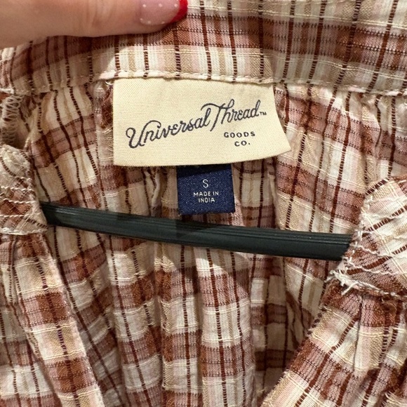 Brown and White Plaid Peasant Blouse with 3/4 Sleeves - Picture 2 of 4